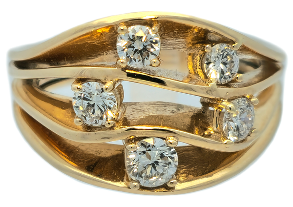 14 karaat geelgouden damesring met vijf diamanten - Wave
