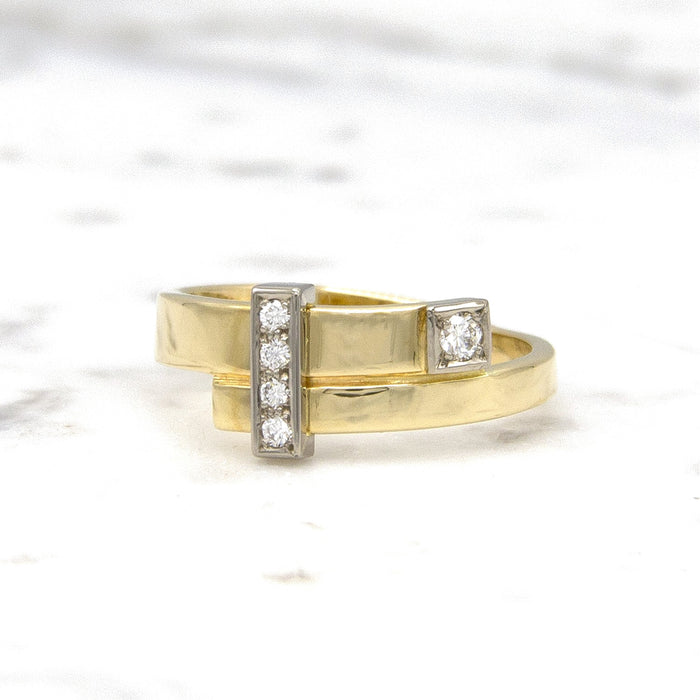Geelgouden ring met 5 diamanten in witgoud - Mondria - Hutjens Mondria - 14k Geelgoud