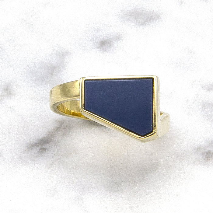 Geelgouden zegelring met blauwe lagensteen - Straight - Hutjens - 14k Geelgoud